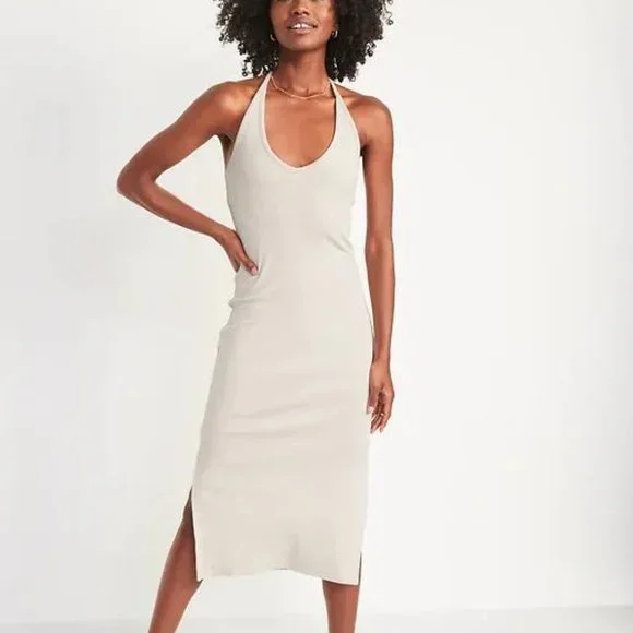 Old Navy Fitted Sleeveless Halter Rib-Knit Midi Dress for Women New - Picture 3 of 7